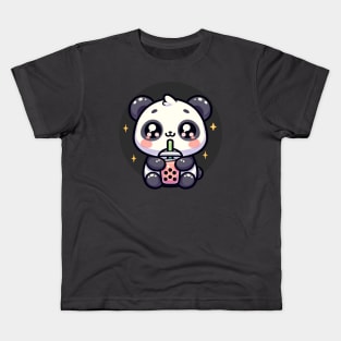 Kawaii Panda Drinking boba Kids T-Shirt